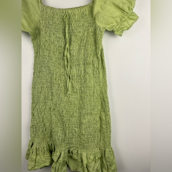 Faithful the Brand Cette Linen Lime Green Smocked Ruffled Mini Dress Sz L - Picture 5 of 8